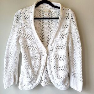 Jones New York Open Knit White ¾ Sleeve 100% Cotton Sweater Sz M